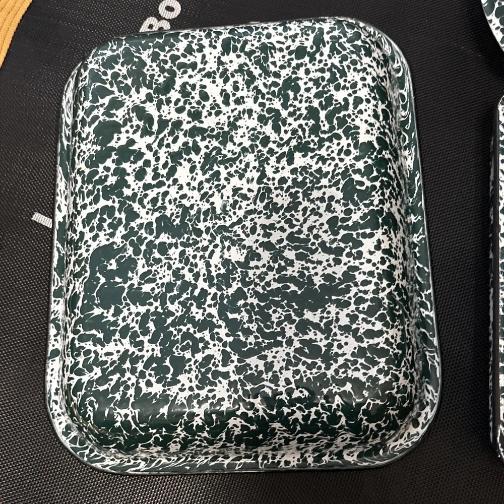 Vintage Green White Splatter Enamelware Serving Trays Set of 3 Spatterware
